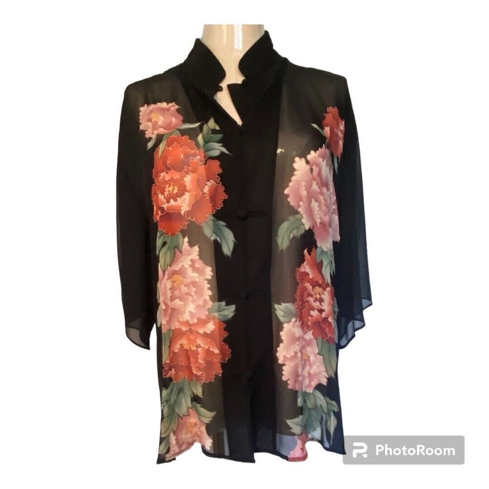 VTG 100% silk jacket, Japanese Flowers, Long Flowing Sleeves XL Fairycore Y2K